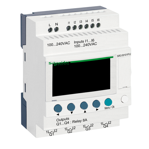 SR3B101FU - MODULAR SMART RELAY, ZELIO LOGIC SR2 SR3, 10 IO, 100 TO 240V AC, CLOCK, DISPLAY. Sold in units of 1