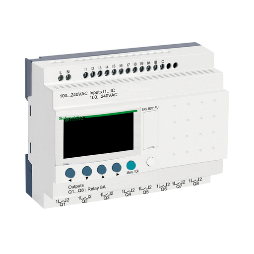 SR2B201FU - COMPACT SMART RELAY, ZELIO LOGIC SR2 SR3, 20 IO, 100 TO 240V AC, CLOCK, DISPLAY. Sold in units of 1