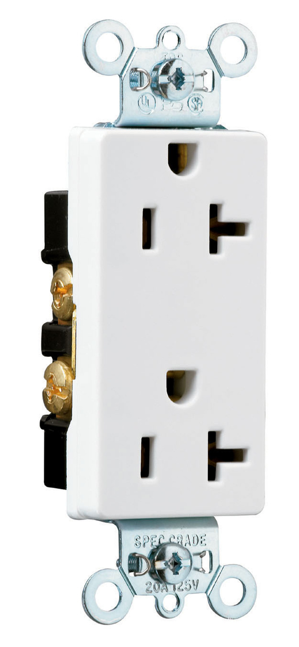 26342W - 20A 125V SB SPEC GRD SIDE WIRE DECORATOR DUP RECEPT WHITE. Sold in units of 1