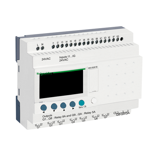 SR3B261B - MODULAR SMART RELAY, ZELIO LOGIC SR2 SR3, 24 IO, 24V AC, CLOCK, DISPLAY. Sold in units of 1