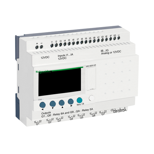 SR3B261JD - MODULAR SMART RELAY, ZELIO LOGIC SR2 SR3, 26 IO, 12V DC, CLOCK, DISPLAY. Sold in units of 1