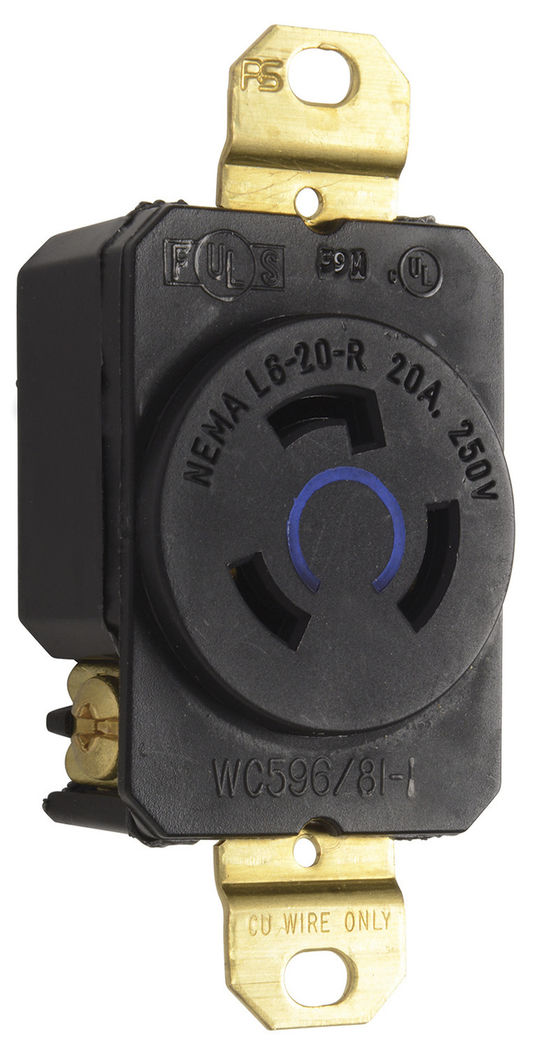 L620R - TURNLOK 20A 250V 2P 3-WIRE SGL RECPT BLACK. Sold in units of 1