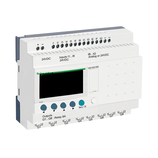 SR2B201BD - COMPACT SMART RELAY, ZELIO LOGIC SR2 SR3, 20 IO, 24V DC, 8 RELAY OUTPUTS. Sold in units of 1
