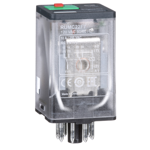 RUMC22F7 - RELAY 2CO 10A@250V 120VAC,LED+TEST BUTTON. Sold in units of 1