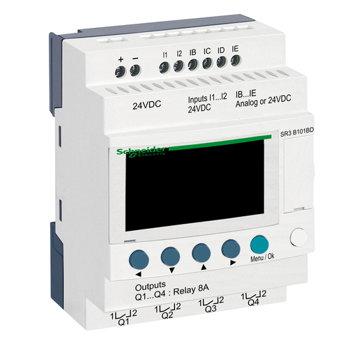SR3B101BD - MODULAR SMART RELAY, ZELIO LOGIC SR2 SR3, 10 IO, 24V DC, CLOCK, DISPLAY, 4 RELAY OUTPUTS. Sold in units of 1