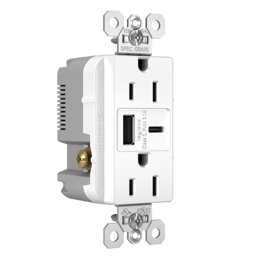 TR15USBACW - SPEC GRADE TYPE C USB CHARGING RECEPTACLE 15A WHITE 125V DUP TR REC+USBA USBC 3.1A. Sold in units of 1